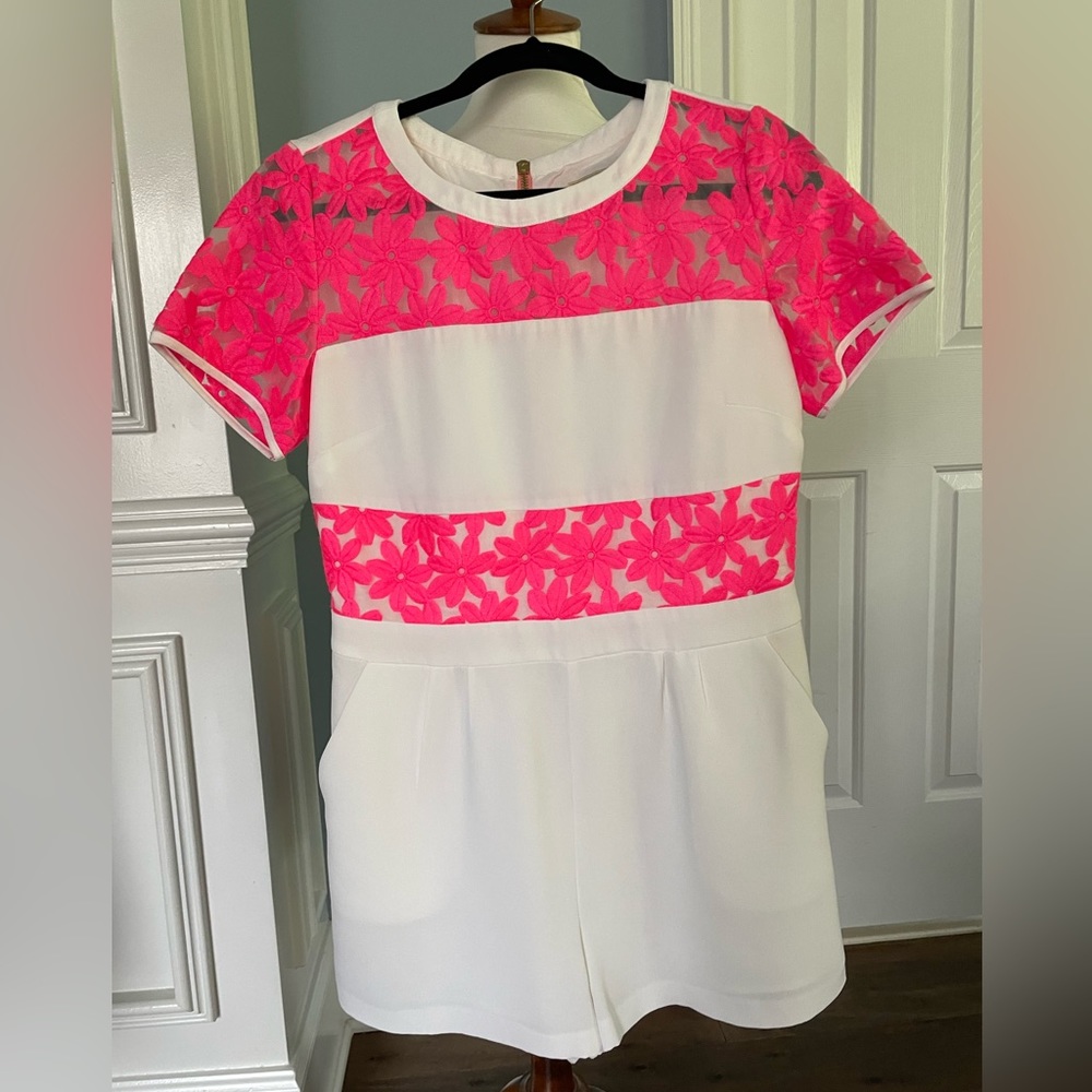 STS romper: white with mesh and hot pink floral embroidery